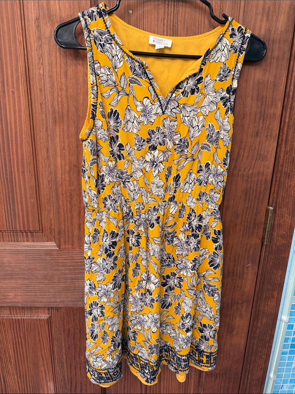 Market & Spruce Mustard Yellow Floral V-Neck Sleeveless Mini Dress